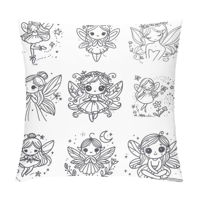 Personality  Whimsical Collection Of Magical Little Fairies In Cute Outline Drawing Style Pillow Covers