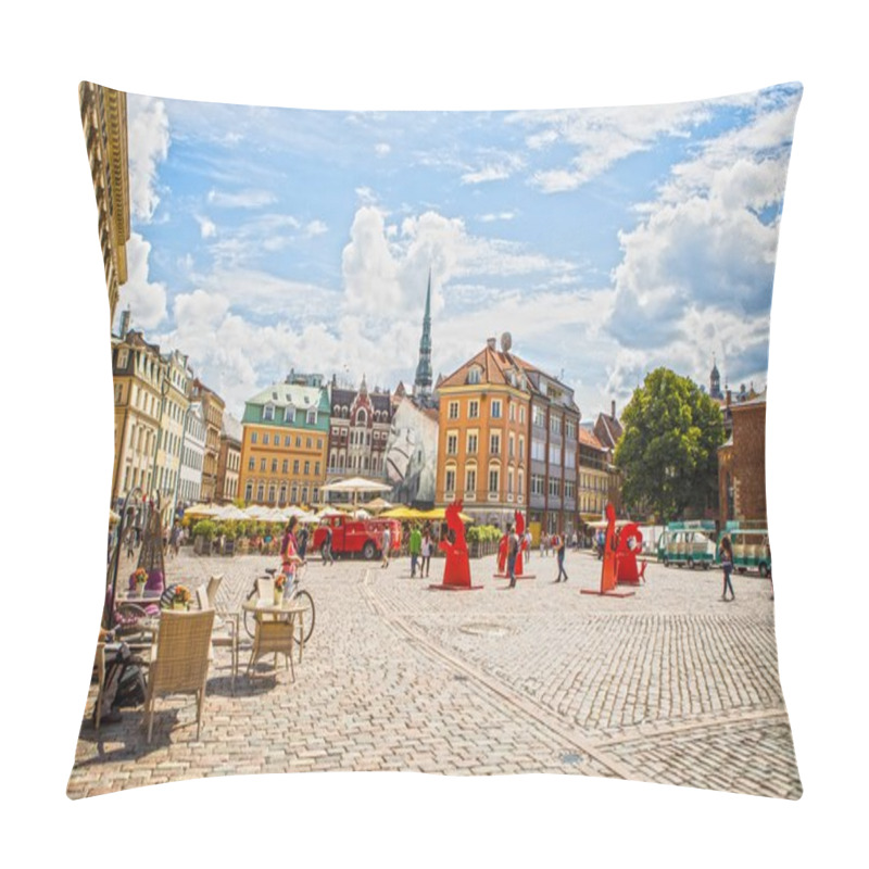 Personality  RIGA, LATVIA - AUGUST 27, 2017: Famous Places And Building Architecture Of Riga City. Riga, Latvia - August 27. Pillow Covers