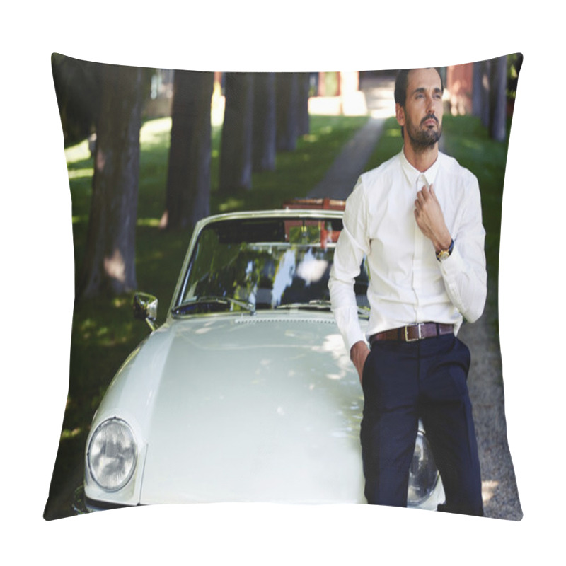 Personality  Man Sitting On The Hood Of Luxury Cabriolet Pillow Covers