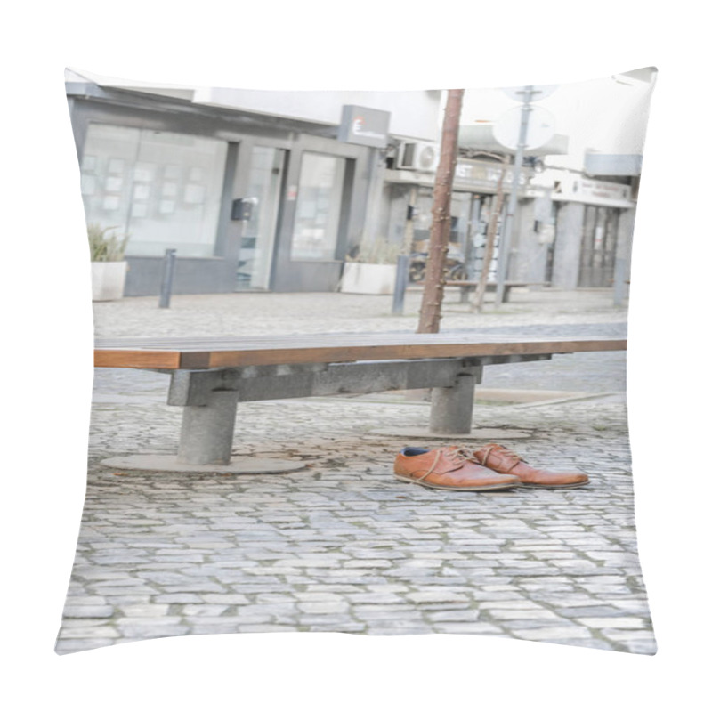 Personality  Brown Leather Shoes On A Cobblestone Pavement Next To A Bench In An Urban Setting. Pillow Covers