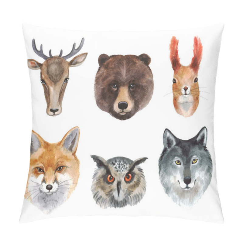 Personality  Watercolor Set Of Forest Animals - Bear, Deer, Squirrel, Fox, Wolf, Owl. Animal Faces On White Background For Your Design Pillow Covers