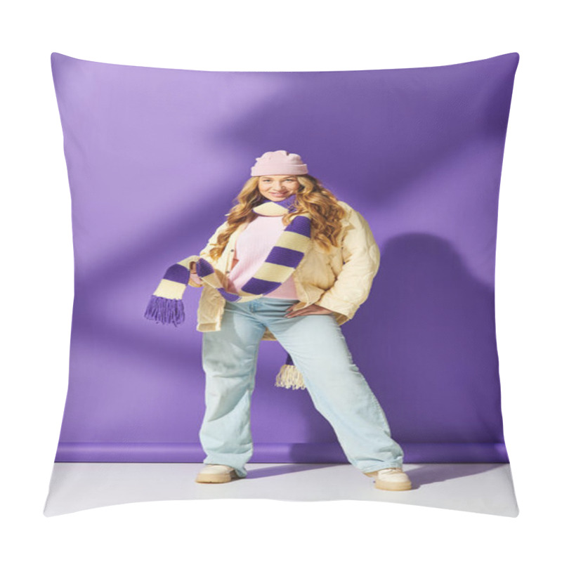 Personality  A Confident Young Woman Flaunts Her Style In A Vibrant Winter Outfit With Fun Accessories. Pillow Covers