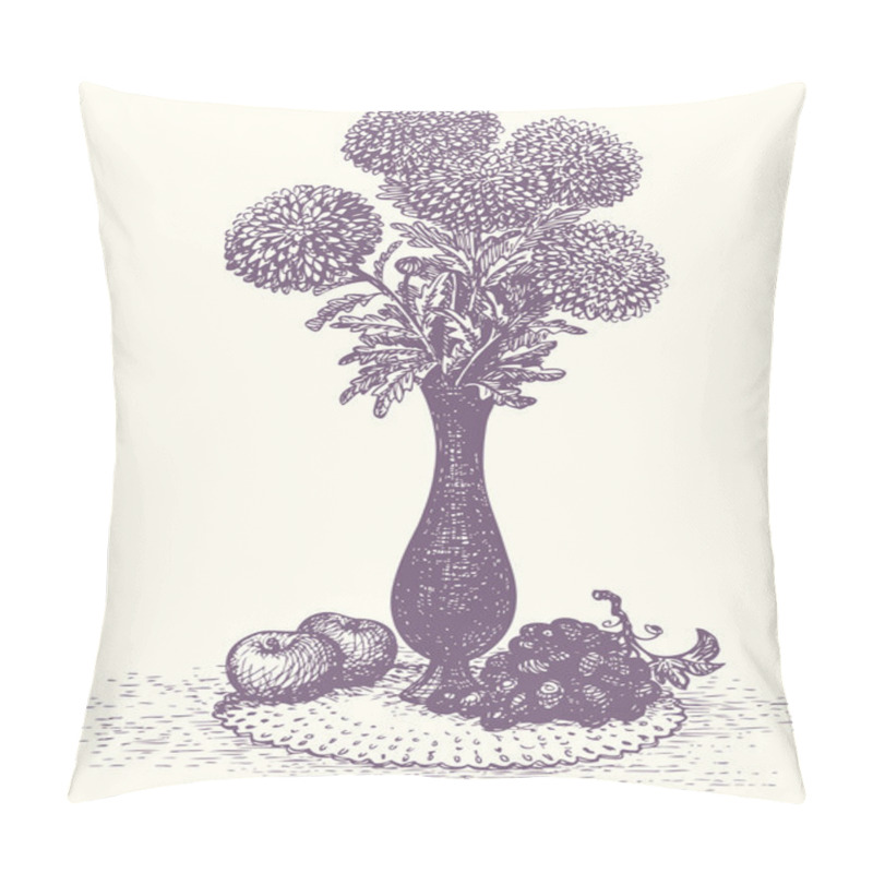 Personality  Vector Still Life. Apples And Grapes Near Bouquet In High Vase Pillow Covers