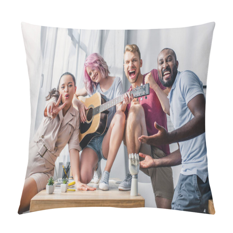 Personality  Multicultural Business People With Acoustic Guitar Showing Peace Gesture In Office  Pillow Covers