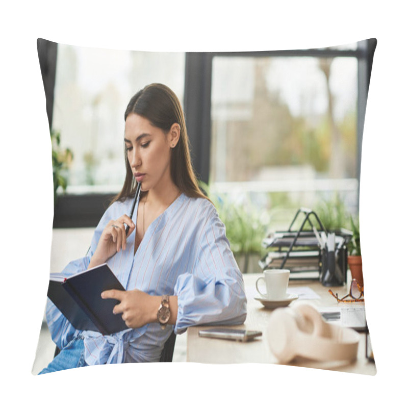 Personality  Brunette Woman Writes Thoughtfully In A Notebook While Seated In A Modern Workspace. Pillow Covers