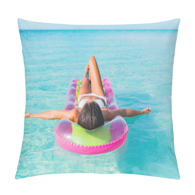 Personality  Summer Luxury Vacation Relaxation Bikini Woman Sunbathing Lying Down On Air Mattress Floating On Blue Turquoise Water Paradise Beach Relaxing Sunbathing In Caribbean. Pillow Covers