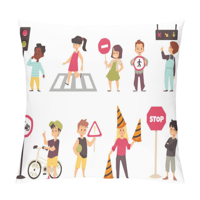 Personality  Cute Children Learning Traffic Rules, Flat Vector Illustration Isolated On White Background. Pillow Covers