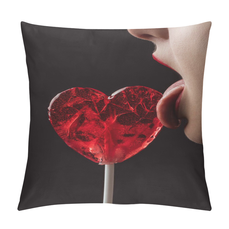 Personality  Cropped Image Of Woman Licking Red Heart Shaped Lollipop Isolated On Black, Valentines Day Concept Pillow Covers