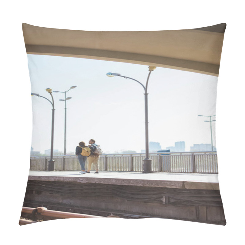 Personality  Distant View Of Stylish Couple Of Tourists Going At Outdoor Subway Station  Pillow Covers