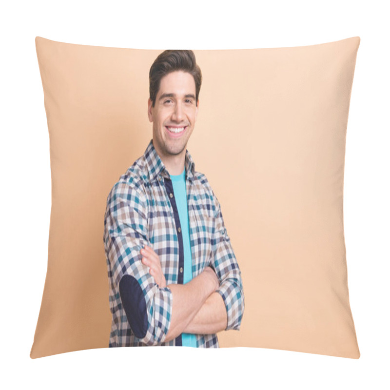 Personality  Profile Side View Portrait Of Attractive Groomed Cheerful Guy Folded Arms Isolated Over Beige Pastel Color Background Pillow Covers