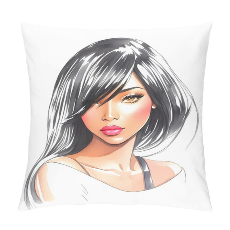 Personality  Watercolor Beauty African Woman. Painting Fashion Illustration. Hand Drawn Portrait Of Pretty Girl On White Background Pillow Covers