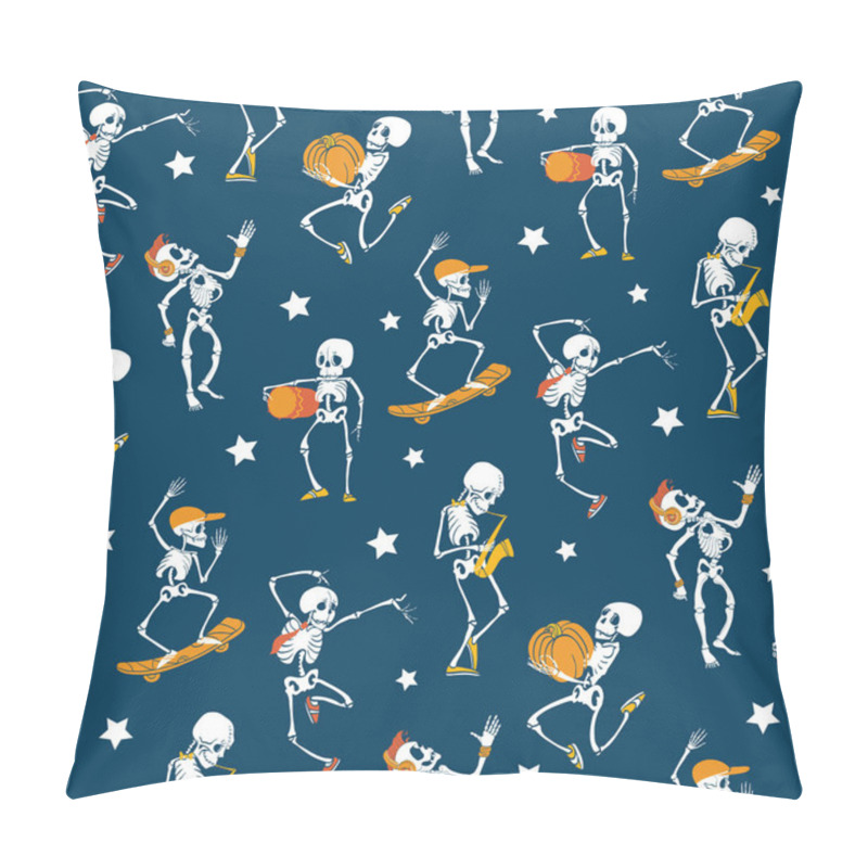 Personality  Vector Blue, White, Orange Dancing And Skateboarding Skeletons Haloween Repeat Pattern Background. Great For Spooky Fun Party Themed Fabric, Gifts, Giftwrap. Pillow Covers