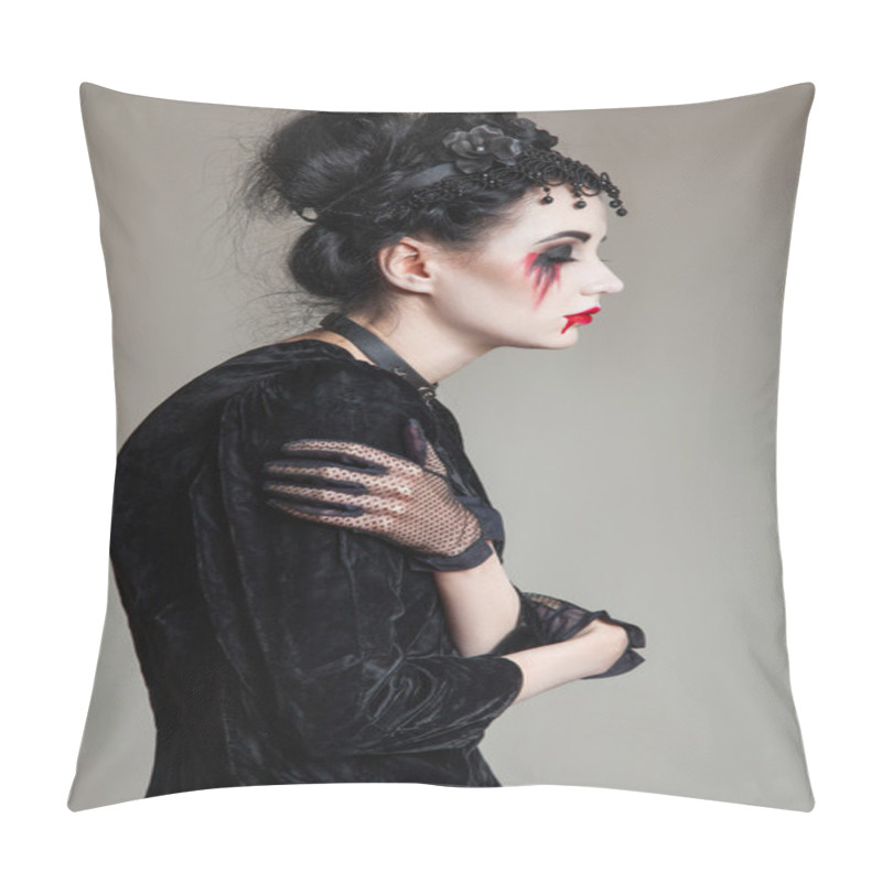 Personality  Young Beautiful Gothic Woman With White Skin And Red Lips. Halloween Makeup. Pillow Covers