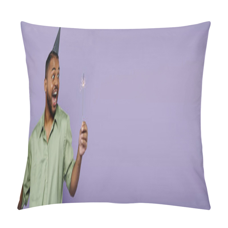 Personality  Young African American Male With Braces Balancing Two Sparklers, Wearing A Festive Party Hat On A Purple Background. Pillow Covers