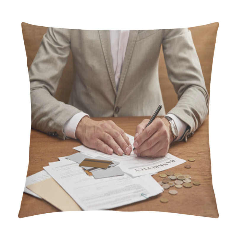 Personality  Partial View Of Businessman In Suit Filling In Bankruptcy Form At Wooden Table With Documents And Credit Cards Pillow Covers