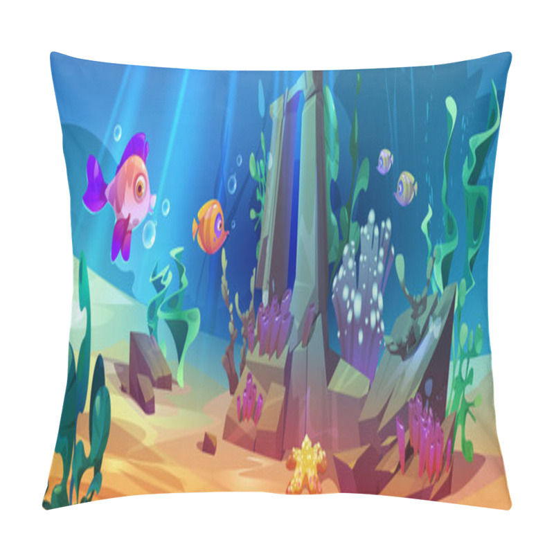 Personality  Ocean Underwater Boulder With Fish Vector Background. Deep Sea Under Water Reef Life With Animal And Seaweed Plant. Tropical Aquatic Habitat Wildlife Drawing Environment. Aquarium Ecosystem Landscape Pillow Covers