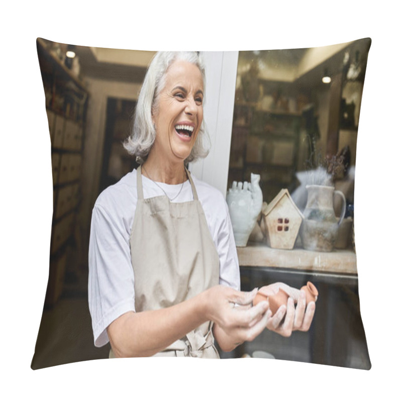 Personality  A Woman Smiles Brightly While Shaping Clay In Her Charming Artisan Workshop Surrounded By Art. Pillow Covers