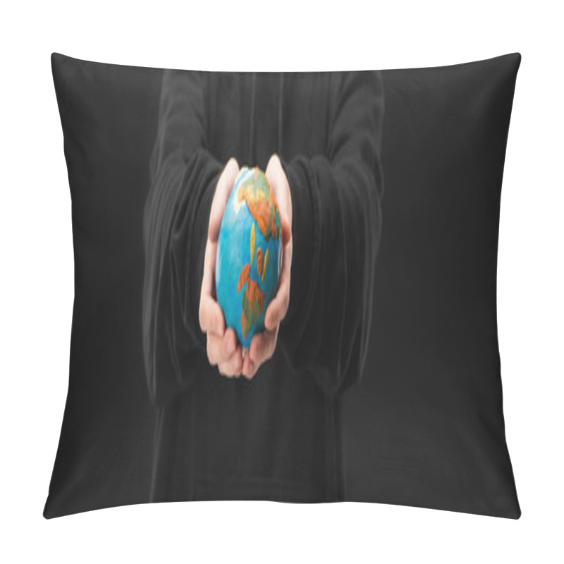 Personality  Panoramic View Of Woman Holding Plasticine Globe Isolated On Black, Global Warming Concept Pillow Covers