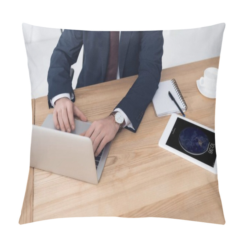 Personality  Partial View Of Businessman Working On Laptop At Workplace With Tablet In Office Pillow Covers