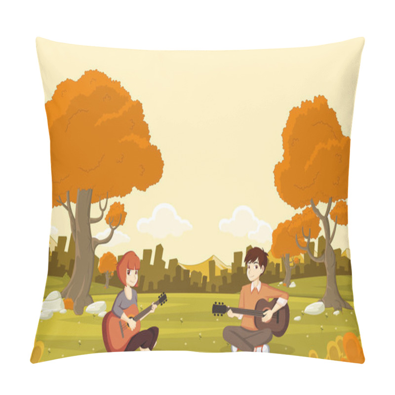 Personality  Cartoon Teenagers Playing Guitar On Beautiful Park.  Pillow Covers