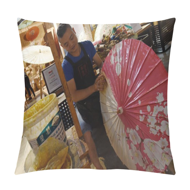 Personality  The Seventh Generation Successor Of Luzhou's Oil Paper Umbrella Yu Wanlun Makes An Oil Paper Umbrella At His Studio In Hangzhou City, East China's Zhejiang Province, 1 June 2017 Pillow Covers