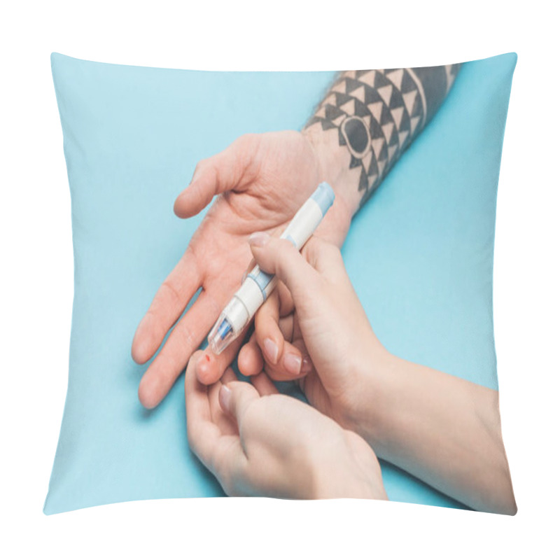 Personality  Cropped View Of Woman Testing Man Blood Sugar Level With Syringe On Blue Background Pillow Covers