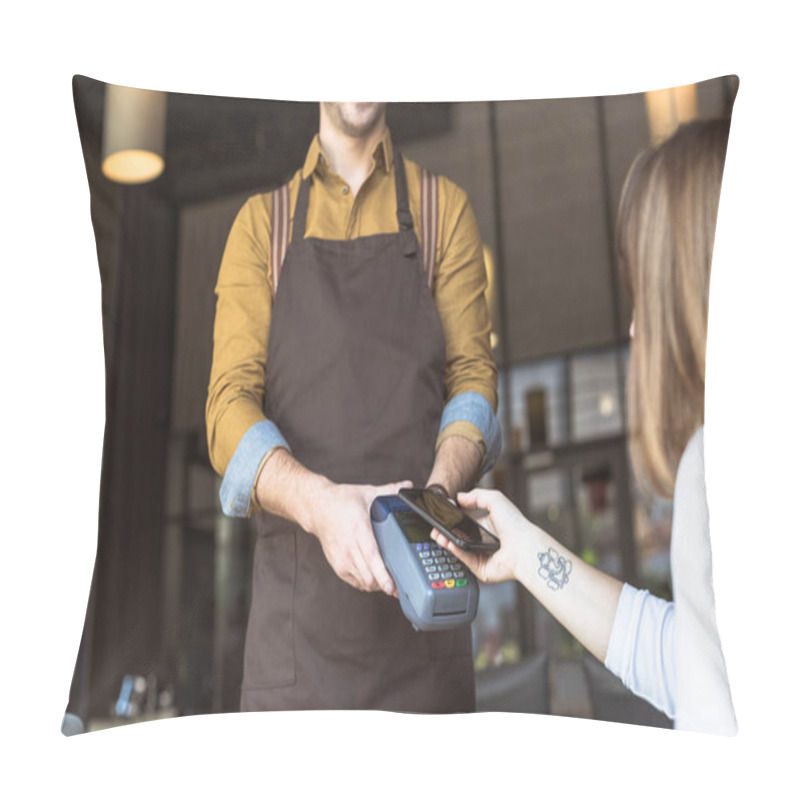 Personality  Cropped Shot Of Smiling Waiter Holding Payment Terminal While Customer Doing Contactless Purchase With Smartphone In Cafe Pillow Covers