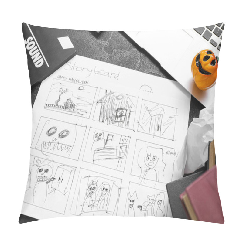 Personality  Laptop With Storyboard And Pumpkins On Grunge Grey Background. Halloween Celebration Pillow Covers