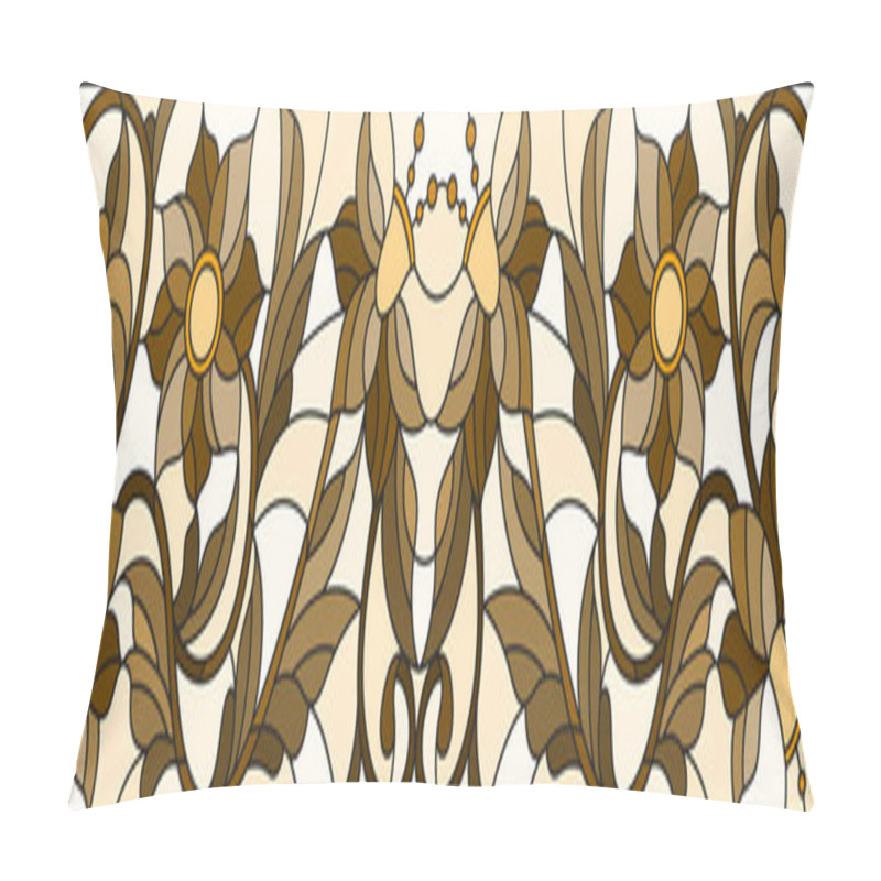 Personality  Illustration In Stained Glass Style With Abstract  Swirls ,flowers And Leaves  On A Light Background,horizontal Orientation, Sepia Pillow Covers