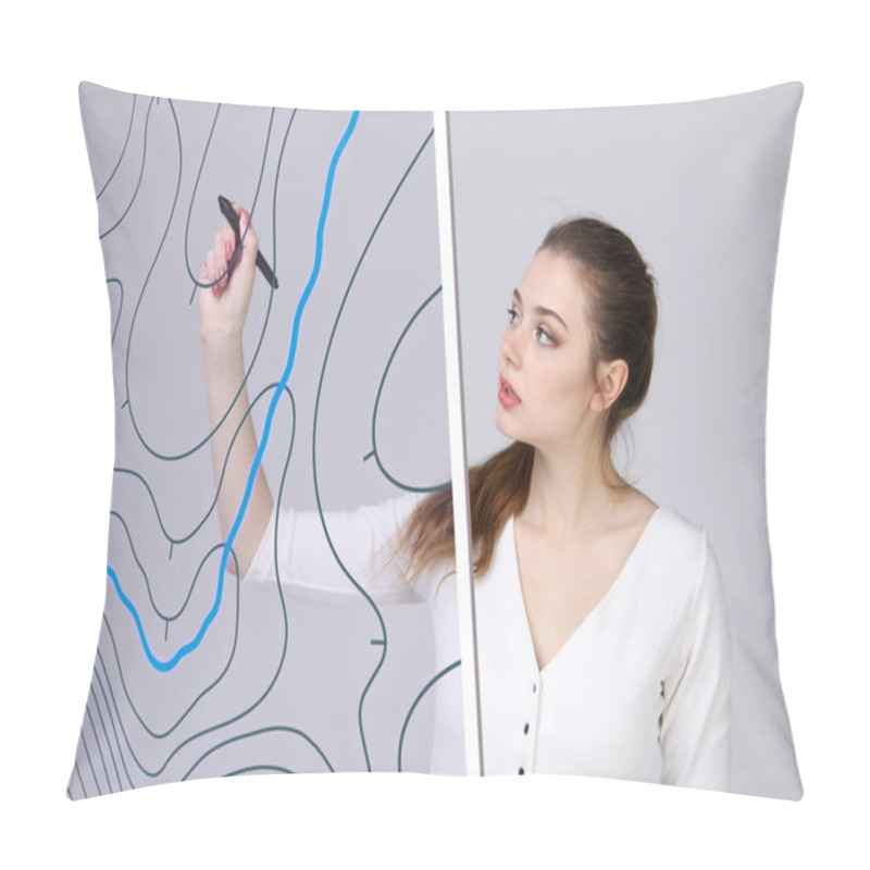 Personality  Geographic Information Systems Concept, Woman Scientist Working With Futuristic GIS Interface On A Transparent Screen. Pillow Covers