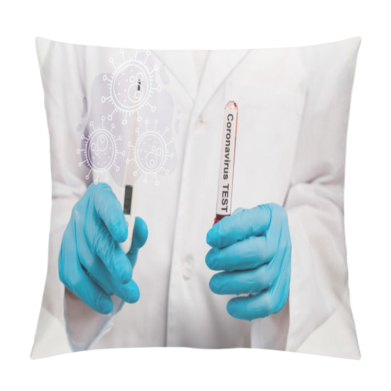 Personality  Cropped View Of Scientist Holding Sample With Coronavirus Test Lettering And Digital Thermometer Near Illustration Of Coronavirus On White  Pillow Covers