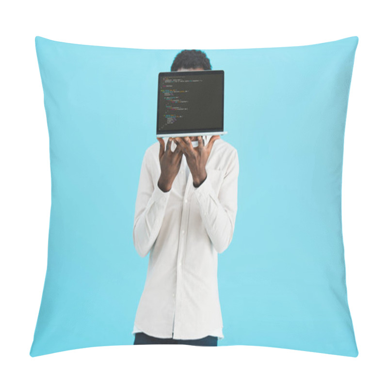 Personality  KYIV, UKRAINE - MAY 17, 2019: African American Man Showing Laptop With Html Code, Isolated On Blue Pillow Covers