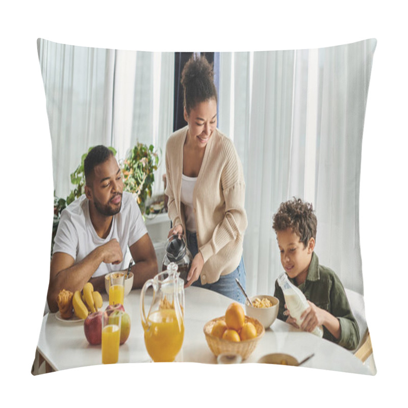 Personality  Parents And Boy Sitting At Table With Pitcher Of Orange Juice. Pillow Covers