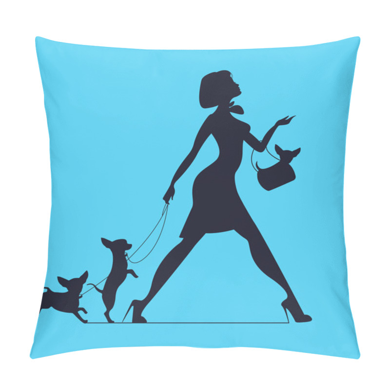 Personality  Vector Silhouette Of  Woman With Dog. Young Woman Walking Dogs. Fashionista With Dogs Pillow Covers