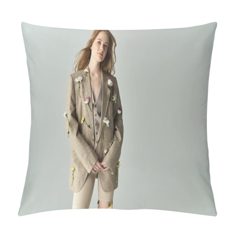 Personality  A Young Woman Stands Confidently, Elegantly Decorated With Fresh Flowers. Pillow Covers