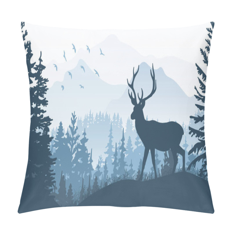 Personality  Horizontal Banner. Silhouette Of Deer Standing On Grass Hill. Mountains And Forest In The Background. Magical Misty Landscape, Trees, Animal. Blue Illustration, Bookmark. Pillow Covers