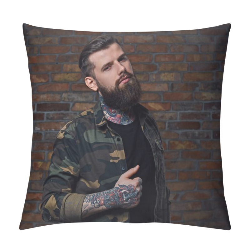 Personality  Tattooed Bearded Male In Military Jacket. Pillow Covers