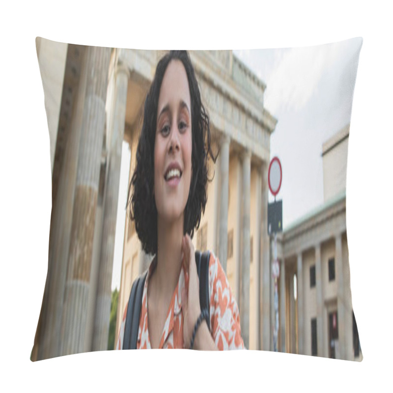 Personality  Cheerful Young Woman With Backpack Standing Near Brandenburg Gate In Berlin, Banner Pillow Covers