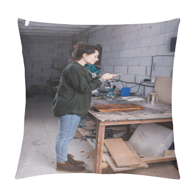 Personality  Side View Of Furniture Designer Taking Photo On Cellphone Near Plank In Workshop  Pillow Covers