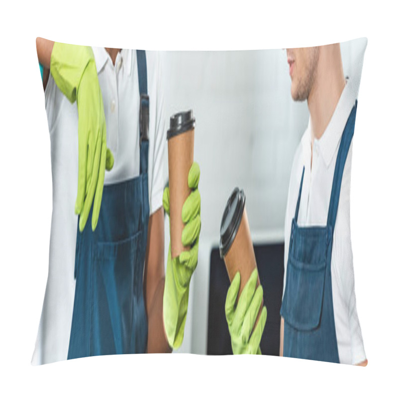 Personality  Partial View Of Multicultural Cleaners Holding Coffee To Go In Office, Panoramic Shot Pillow Covers