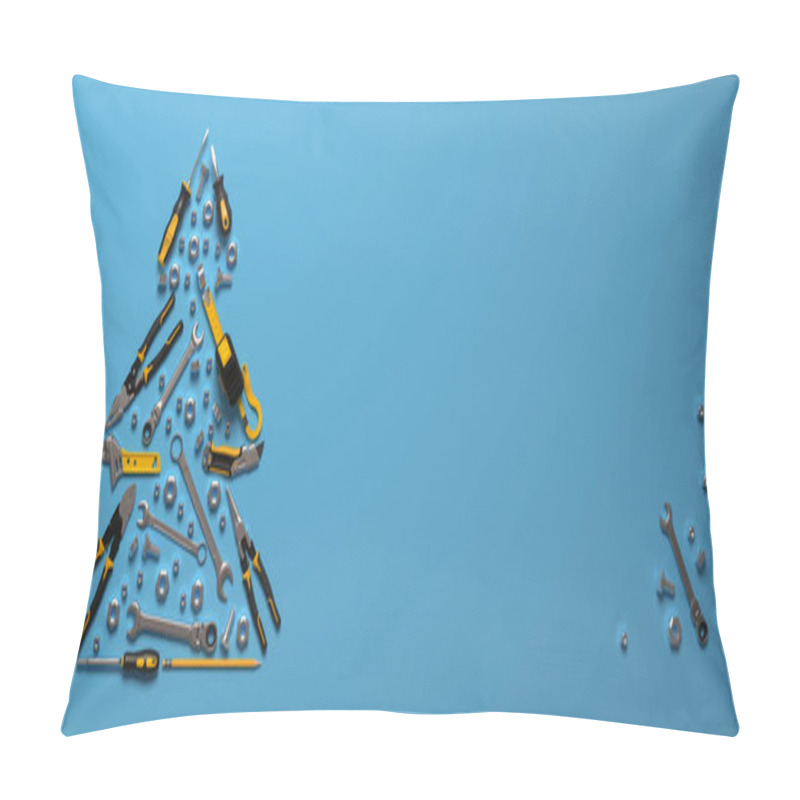 Personality  A Symbolic Christmas Tree Made Of Construction Tools On A Blue Background. Creative Template Of A New Year Greeting For Building And Engineering Companies. 3D Render. Pillow Covers