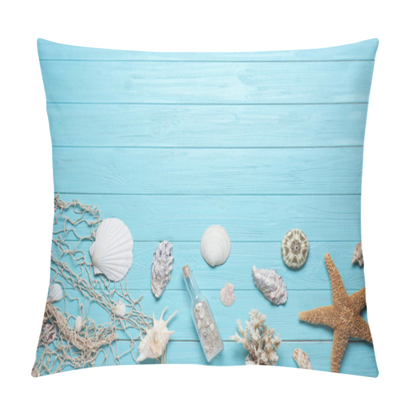 Personality  Flat Lay Composition With Seashells And Space For Text On Wooden Background Pillow Covers