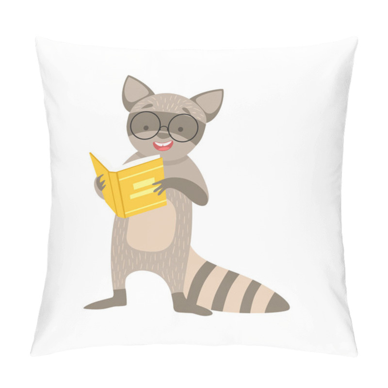 Personality  Raccoon Smiling Bookworm Zoo Character Wearing Glasses And Reading A Book Cartoon Illustration Part Of Animals In Library Collection Pillow Covers