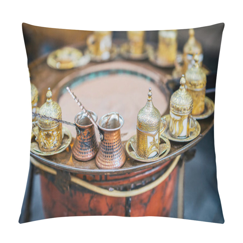 Personality  Traditional Turkish Coffee Set With Ornate Golden Cups And Copper Cezve On Sand Heater. Authentic Middle Eastern Coffee Preparation In Vintage Style. Selective Focus Pillow Covers