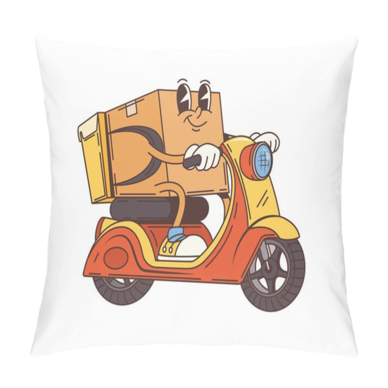 Personality  Groovy Delivery Cardboard Box Package Cartoon Character Riding A Scooter. Vector Funny Parcel Driving A Moped. Smiling Pack Retro Personage Shipping Cargo To Customer With Speed Mail Or Post Service Pillow Covers