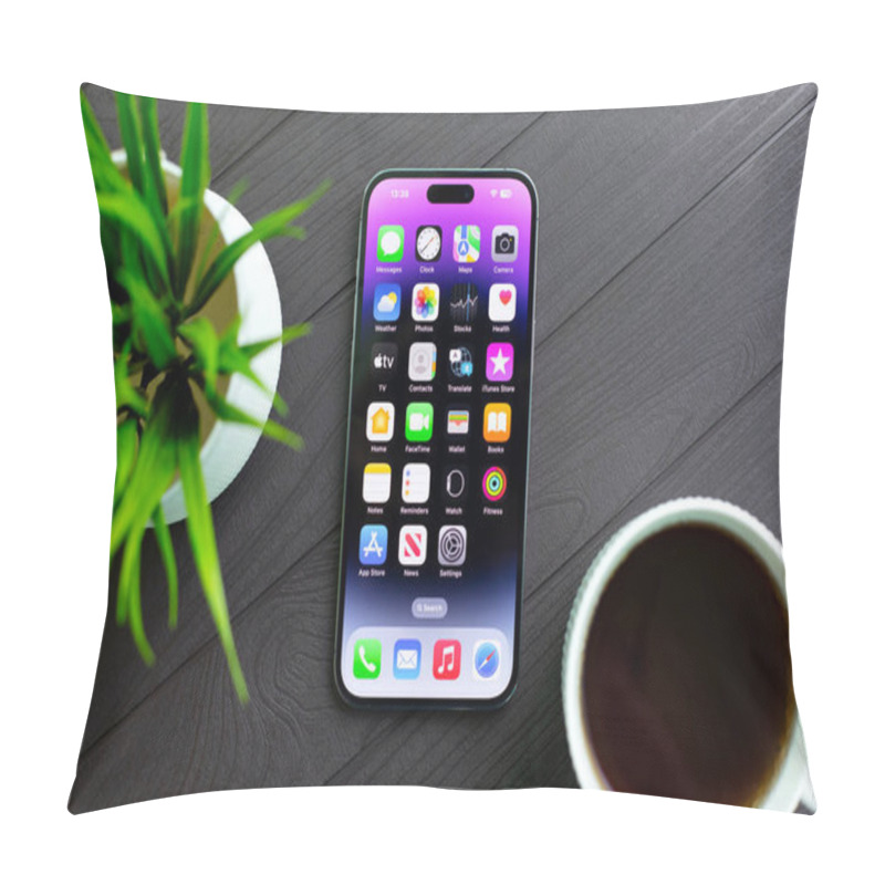 Personality  Alanya, Turkey - April 28, 2024: Phone Apple IPhone 15 Pro Max With Home Screen IOS 17 On The Screen. Pillow Covers