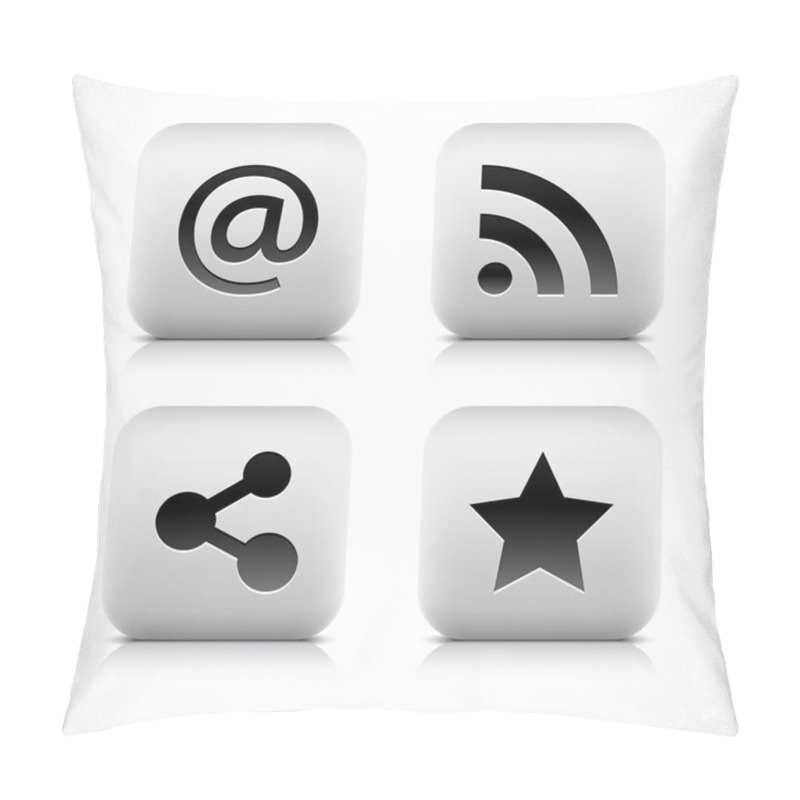 Personality  Stone Web 2.0 Button At, Rss, Share, Star Symbol Sign. White Rounded Square Shape With Black Shadow And Gray Reflection On White Background. Vector Illustration In Wire Mesh Technique In 8 Eps Pillow Covers