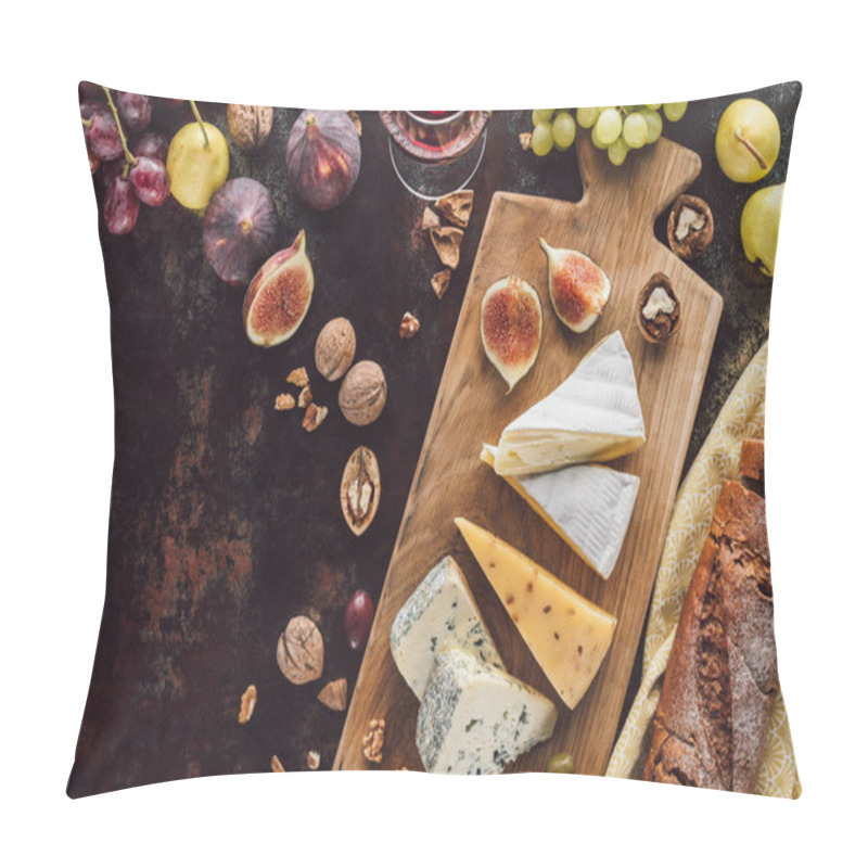 Personality  Food Composition With Assorted Cheese, Glass Of Wine And Fruits On Dark Tabletop Pillow Covers