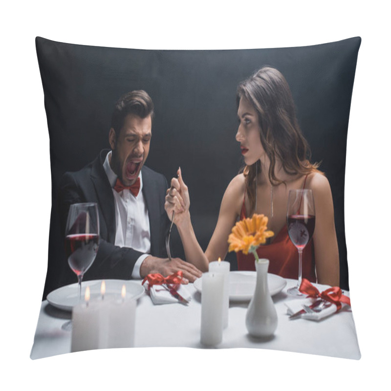 Personality  Beautiful Woman Sticking Fork In Hand Of Screaming Man During Romantic Dinner Isolated On Black Pillow Covers