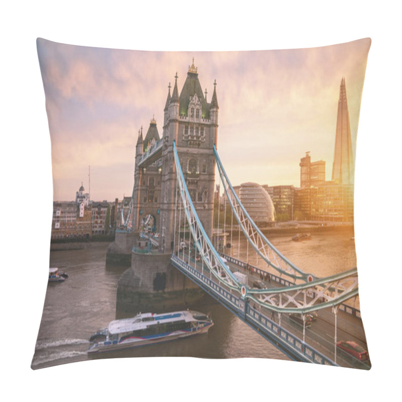 Personality  The London Tower Bridge At Sunrise On A Sunny Summer Day - Shot Against Blue Clear Sky Into The Shining Sun Pillow Covers